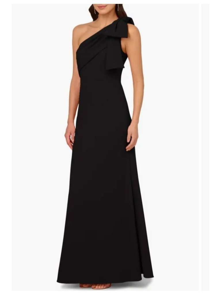 Adrianna Papell Womens 12 Black One-Shoulder Gown Dress Bow Maxi Elegant Formal